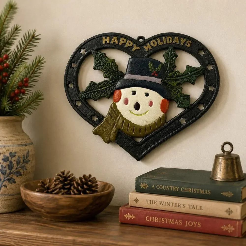 Vintage Cast Iron Happy Holidays Snowman Heart Christmas Trivet 8”
